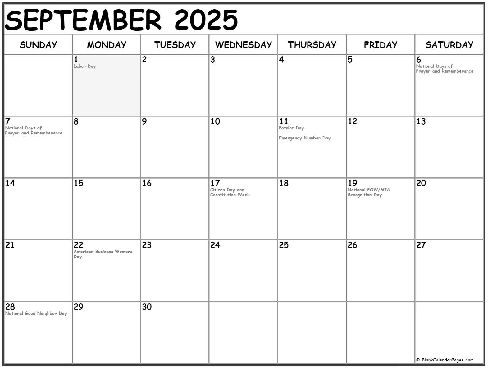 September 2025 With Holidays Calendar for September 2025 National Day