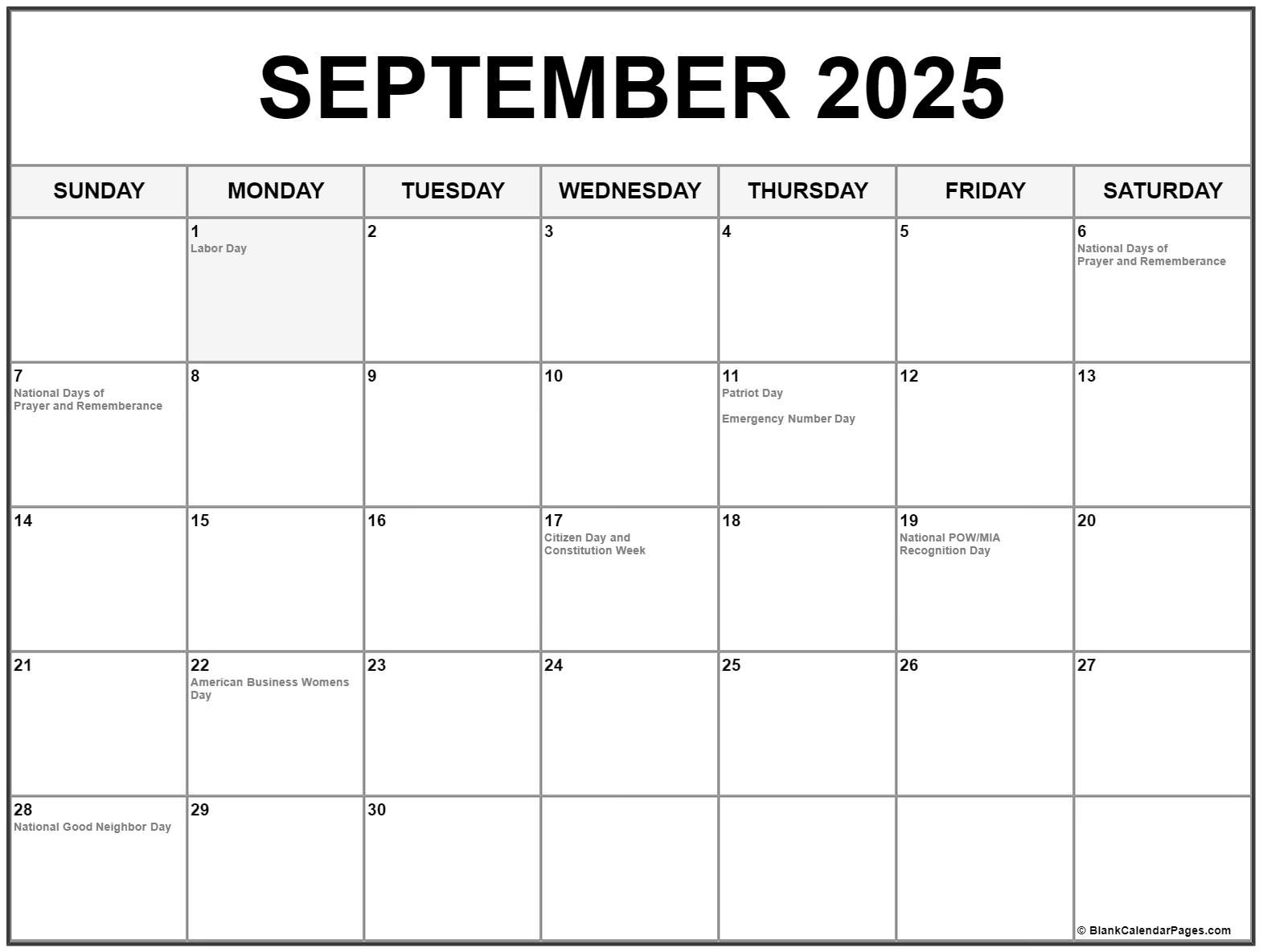 September 2025 With Holidays Calendar within September Calendar 2025 with Holidays