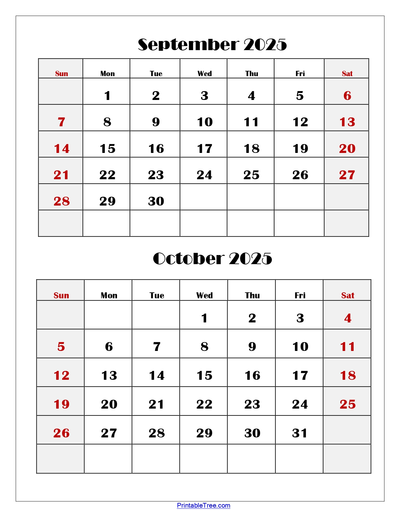 September And October 2025 Calendar Printable Pdf | Two Months with September and October 2025 Calendar Printable