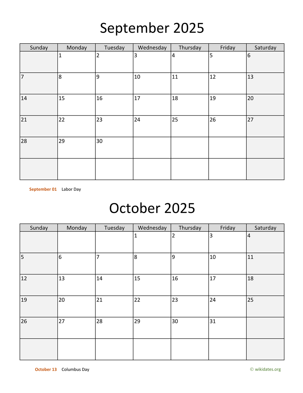 September And October 2025 Calendar | Wikidates in September And October 2025 Calendar Printable