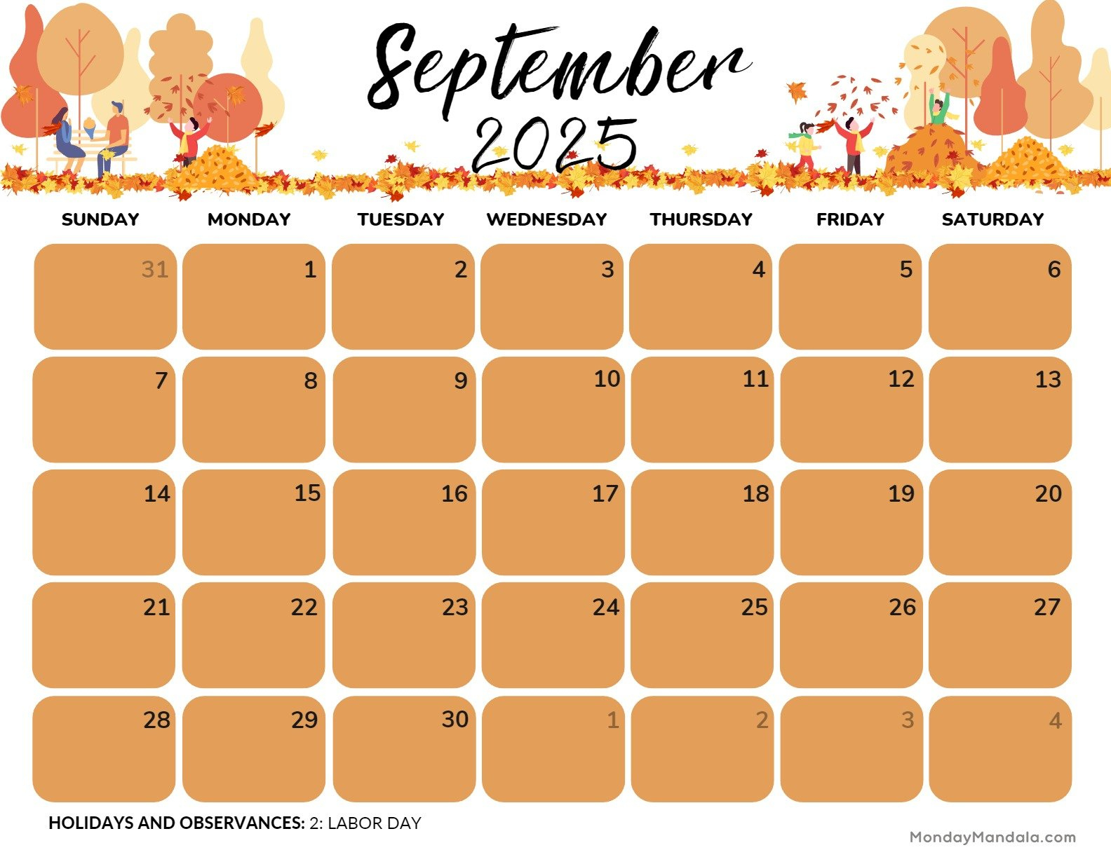 September for September 2025 Calendar Monday Mandala