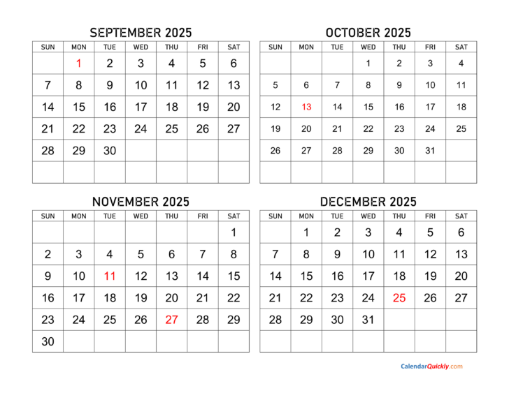September – December 2025 Calendar