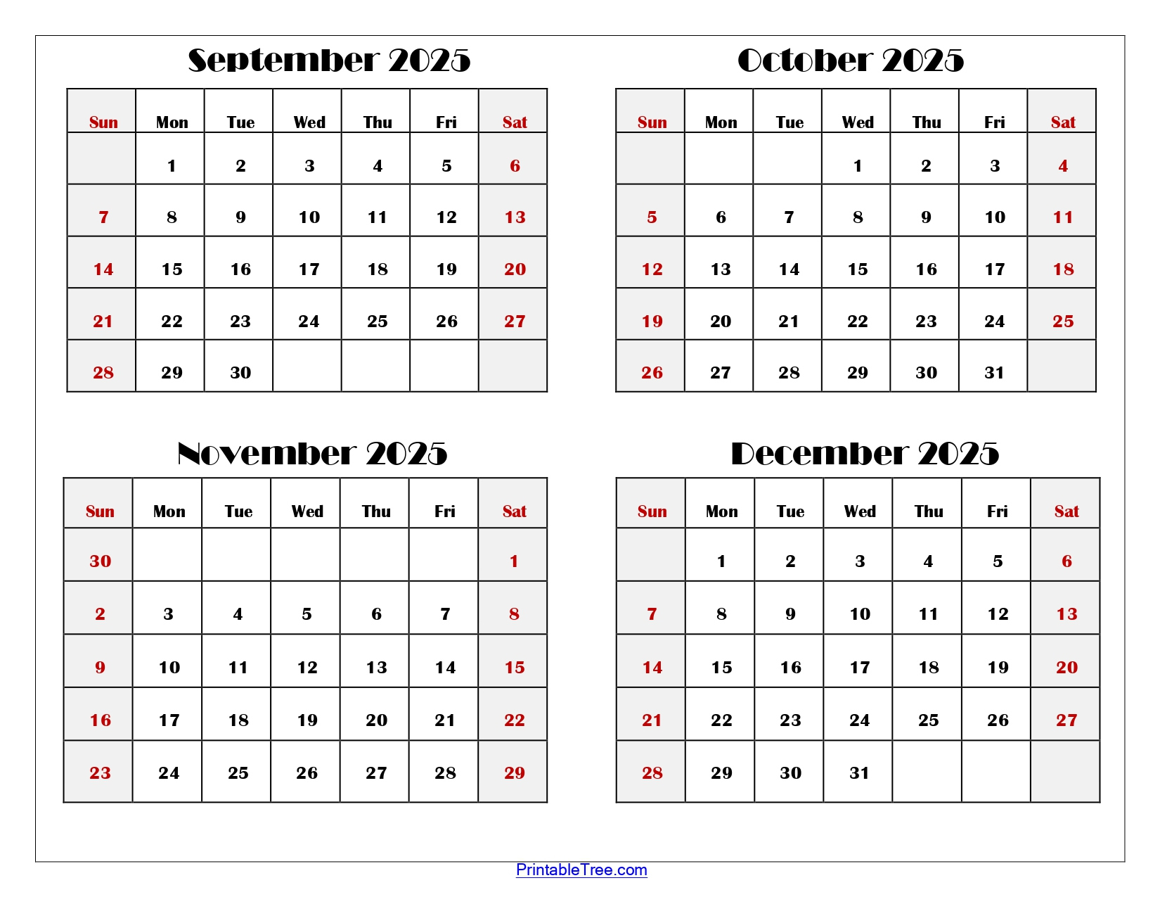September To December 2025 Calendar Printable Pdf | Four Months pertaining to Printable Calendar September 2025 to December 2025