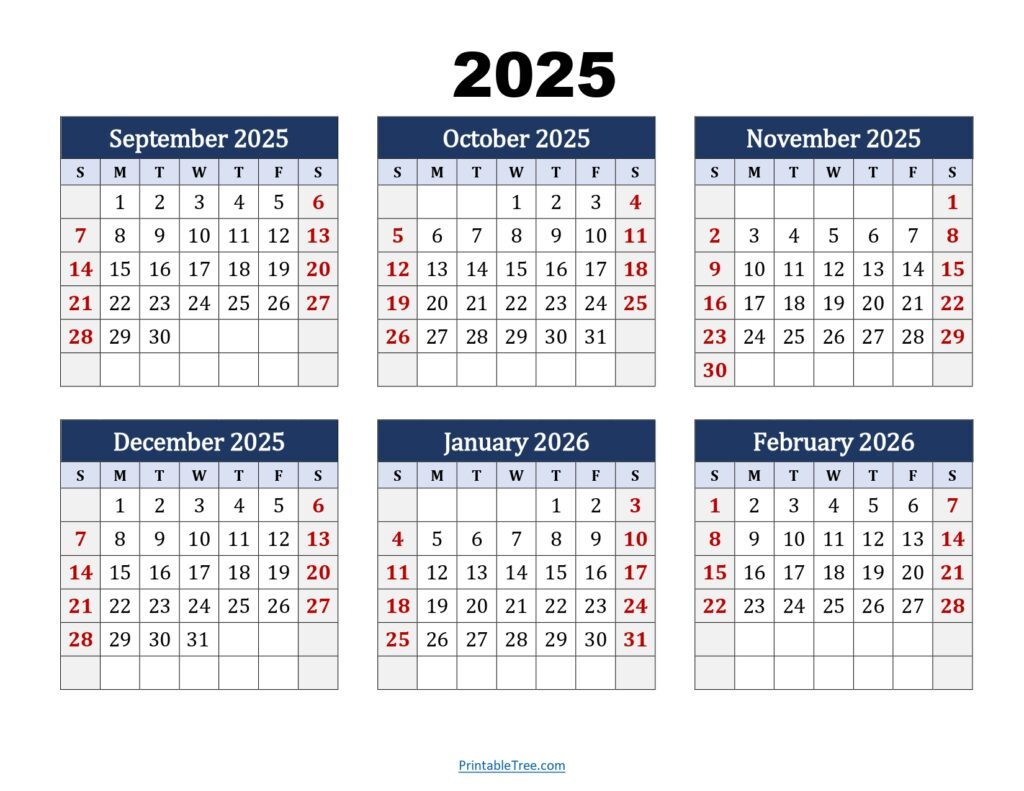 Six Month Calendar 2025-2026 Printable Pdf- 6 Months Calendar with September 2025 To June 2026 Calendar Printable
