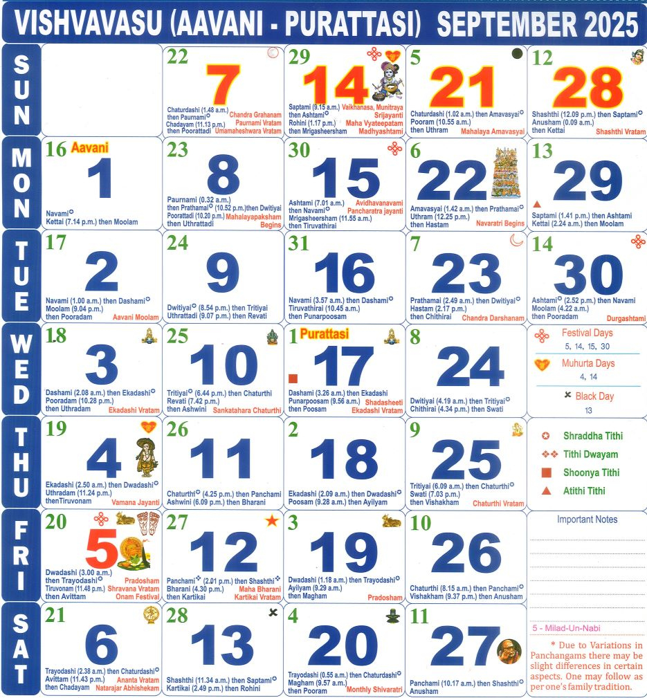 Tamil Calendar September Month , 2025 with Tamil Calendar 2025 September